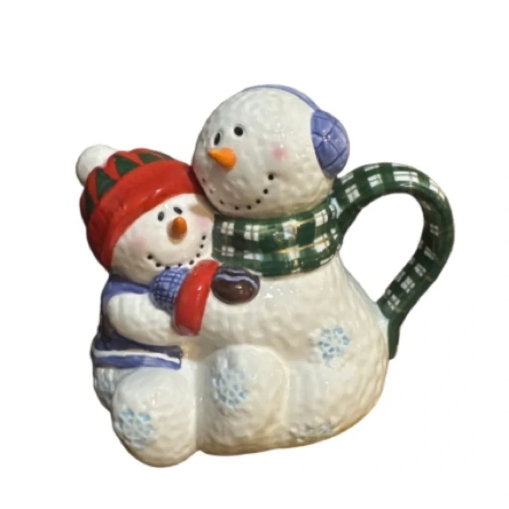 Fitz and Floyd Snowman Teapot with Red and Green Accents